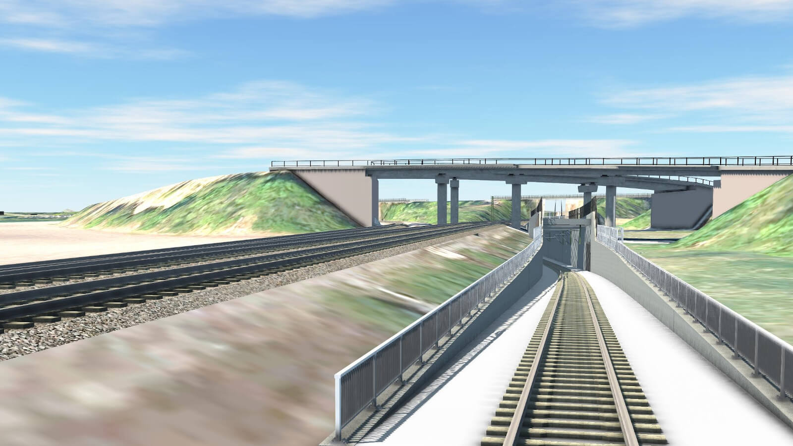 Das tiefergelegte Überführungsbauwerk führt unter der Straßenüberführung hindurch.